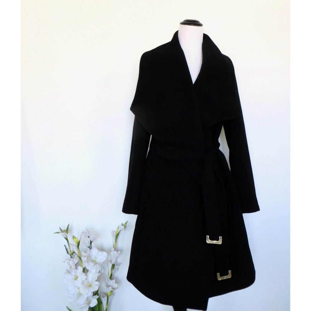 Diane Von Furstenberg Wool Blend Belted Overcoat Black SZ 8 - Picture 6 of 12